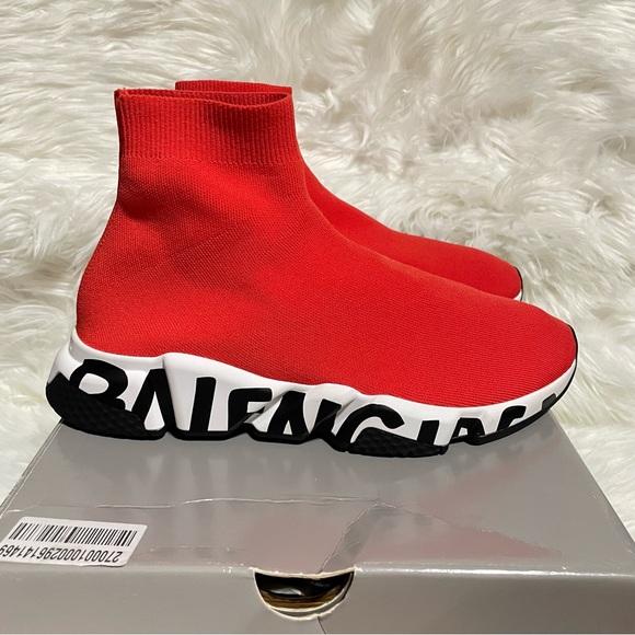 Balenciaga Men’s Speed LT Graffiti Recycled Knit Trainers Red/Black/White - Picture 2 of 9